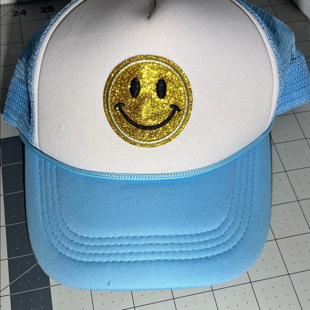 Blue and White Trucker Hat with Gold Smiley Face - Picture 2 of 7